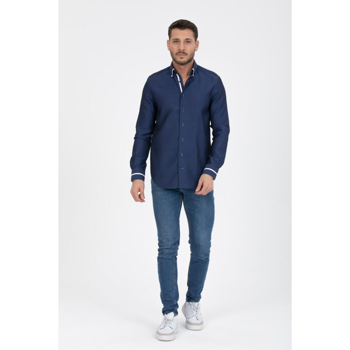 Camicia Uomo 1 Bottoni Button Down Slim Armaturato Fantasia Blu/Celeste