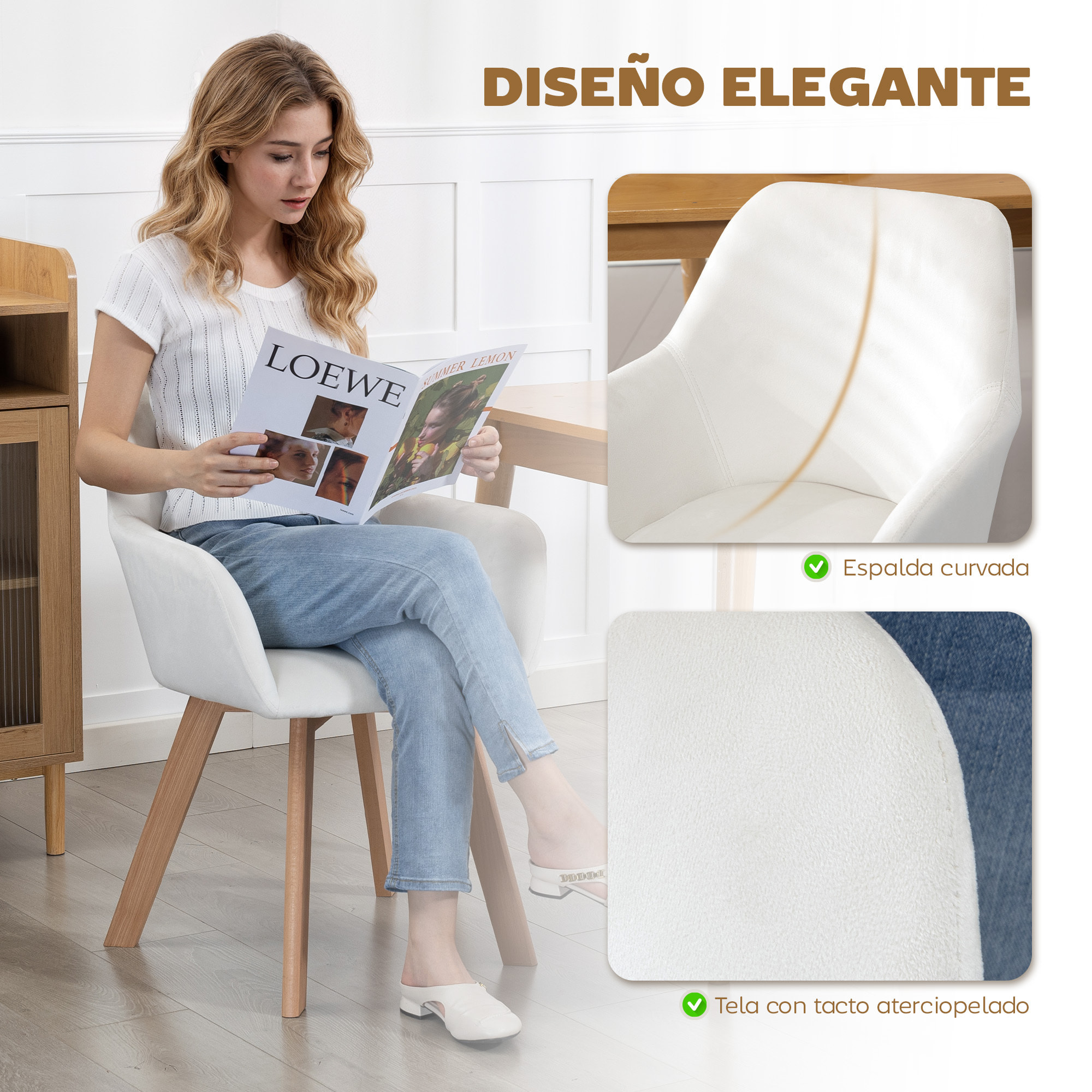 Pack de 2 Sillas de Comedor Modernas, Sillas de Cocina Tapizado en Terciopelo, con Respaldo, Reposabrazos y Patas de Madera, Carga 120 kg, para Salón, Dormitorio, 54x57x80 cm, Blanco Crema