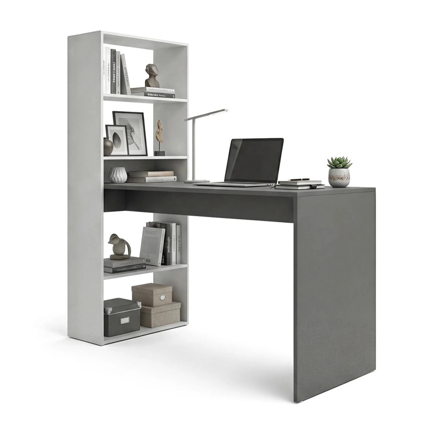 Mesa de escritorio con estantería en blanco artik y gris antracita 120x50 cm Cosmic Blanco Artik (Blanco Mate) - Gris Grafito