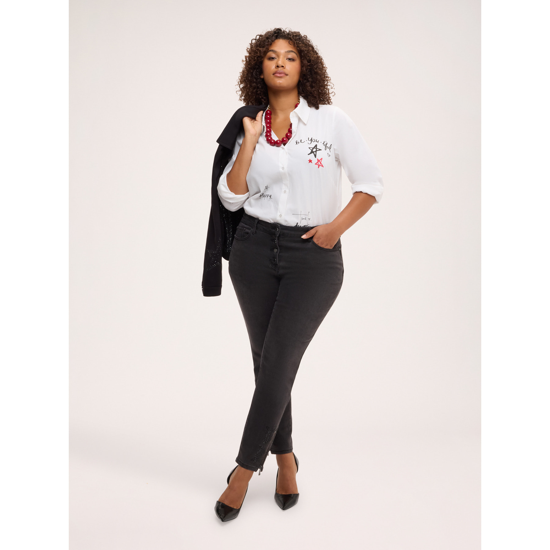 Fiorella Rubino - Camicia con ststampa e ricami in popeline di cotone - Bianco
