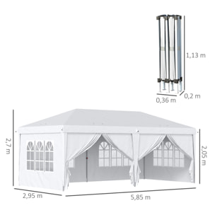 Carpa Plegable 5,85x2,95x2,7 m Cenador de Jardín Gazebo Plegable con 4 Paneles 4 Ventanas 2 Puertas con Cremallera 1 Bolsa Anti-UV para Terraza Patio Playa Blanco