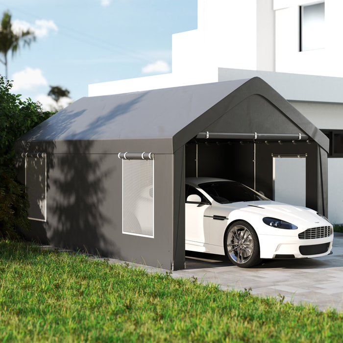 Tente garage carport grande taille 2 portes 4 fenêtres acier galvanisé robuste PE haute densité gris