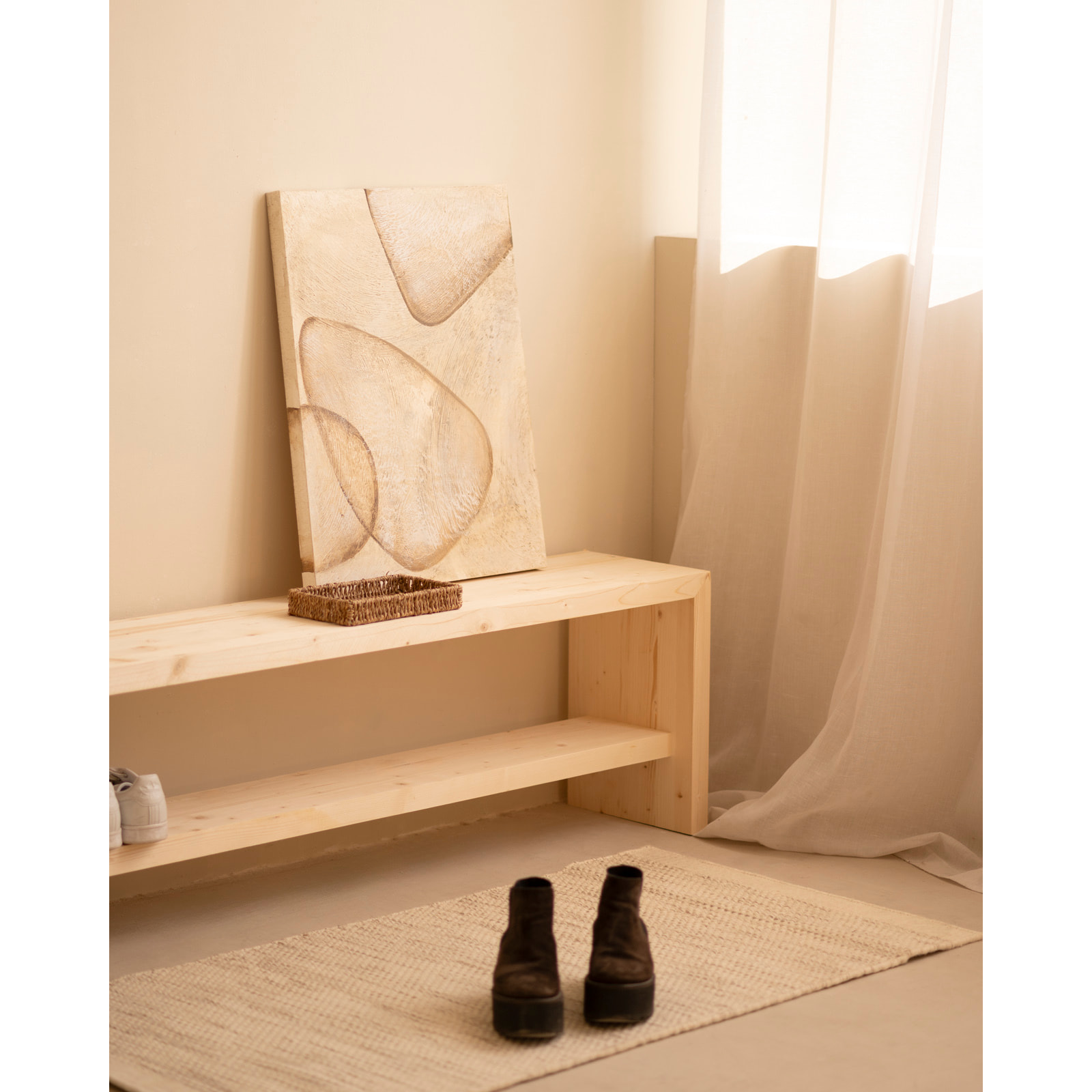 Tableau beige décoratif sur coton avec cadre en bois peint à la main à la peinture à l'huile en différentes tailles