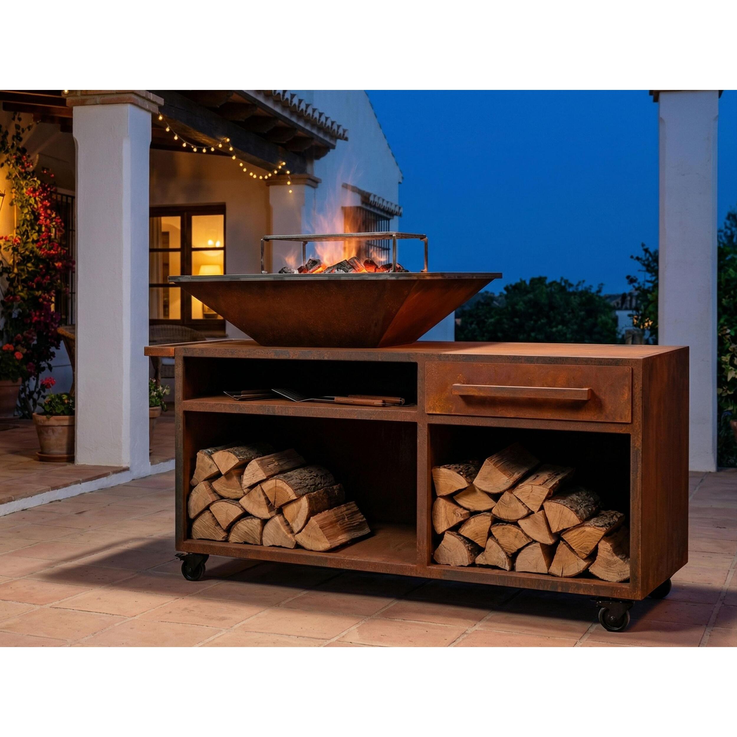 Grand barbecue avec armoire et plaque de cuisson en acier