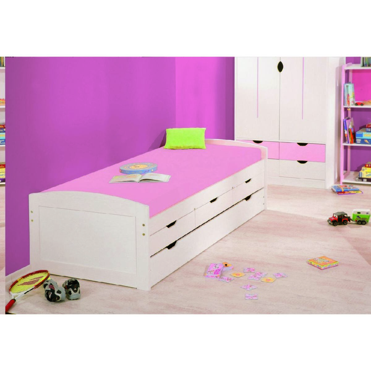 Letto singolo con letto estraibile inferiore e tre cassetti, colore bianco, cm 98 x 63 x 195