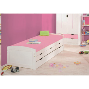 Letto singolo con letto estraibile inferiore e tre cassetti, colore bianco, cm 98 x 63 x 195