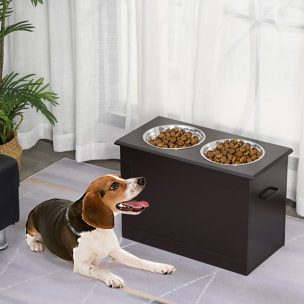 Gamelle double chien chat Porte-gamelles surélevé dim. 60L x 30l x 41H cm 2 gamelles poignées coffre MDF chocolat