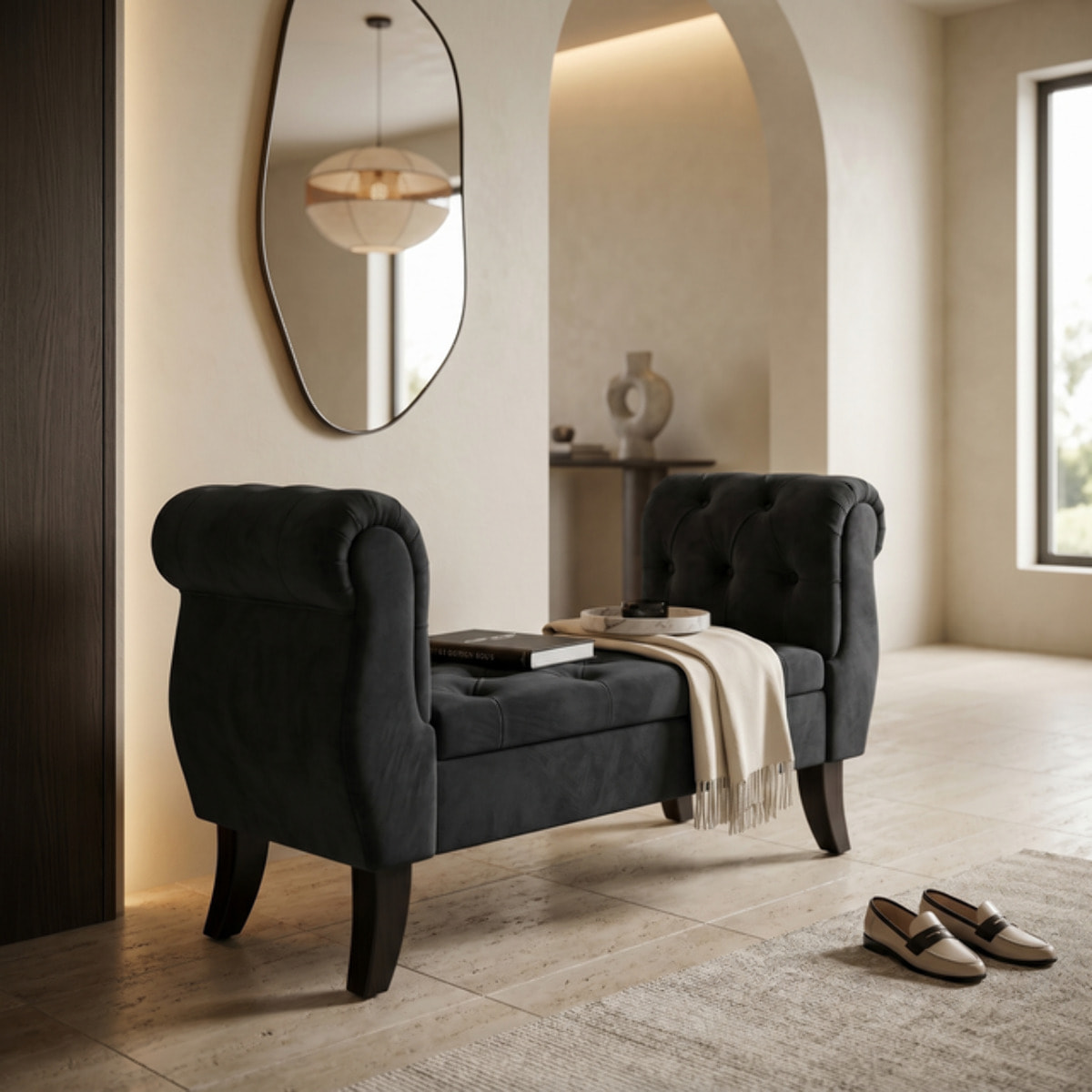Divanetto Contenitore Imbottito in Effetto Velluto con Vano Contenitore Integrato, Seduta Elegante dallo Stile Classico per Camera da Letto, Ingresso e Soggiorno