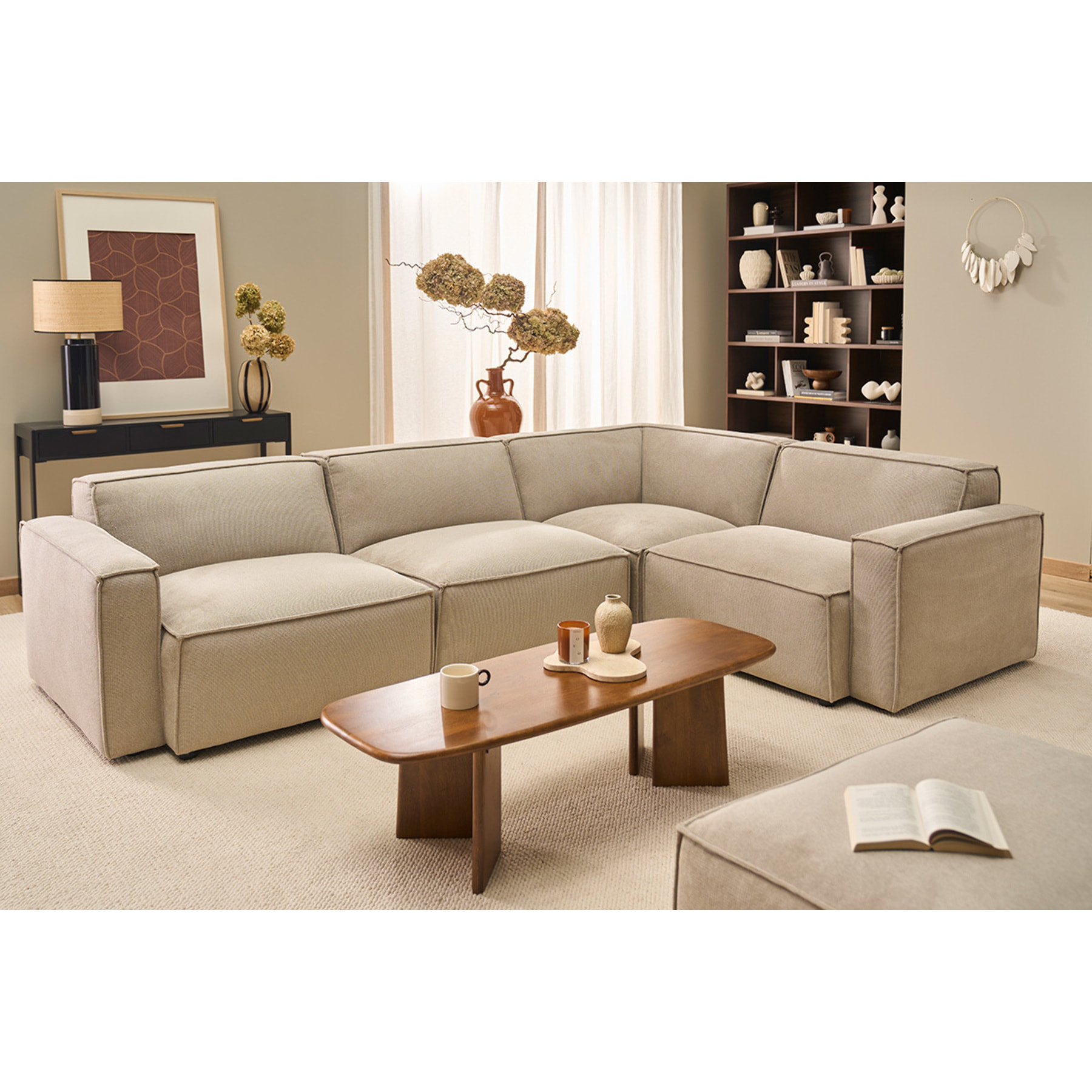 Canapé d'angle modulable 5 places en tissu effet velours texturé beige SPLIT
