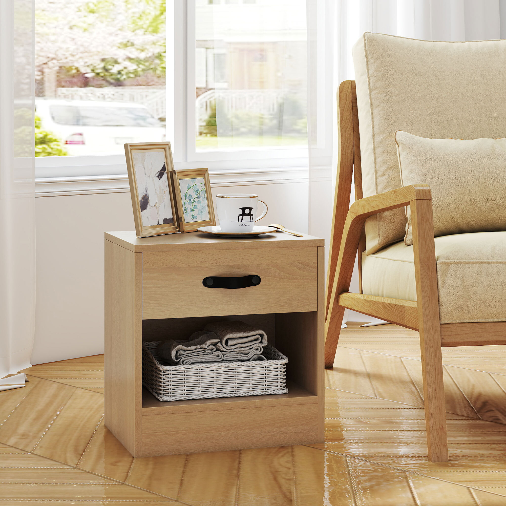 Pack de 2 Mesitas de Noche Mesillas de Noche Dormitorio Estrechas con Cajón y Compartimento Abierto para Salón 39x28x41 cm Natural