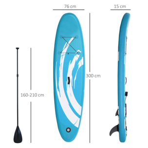 Tabla de Paddle Surf Hinchable 300x76x15 cm con Remo Ajustable Aletas Bomba Azul