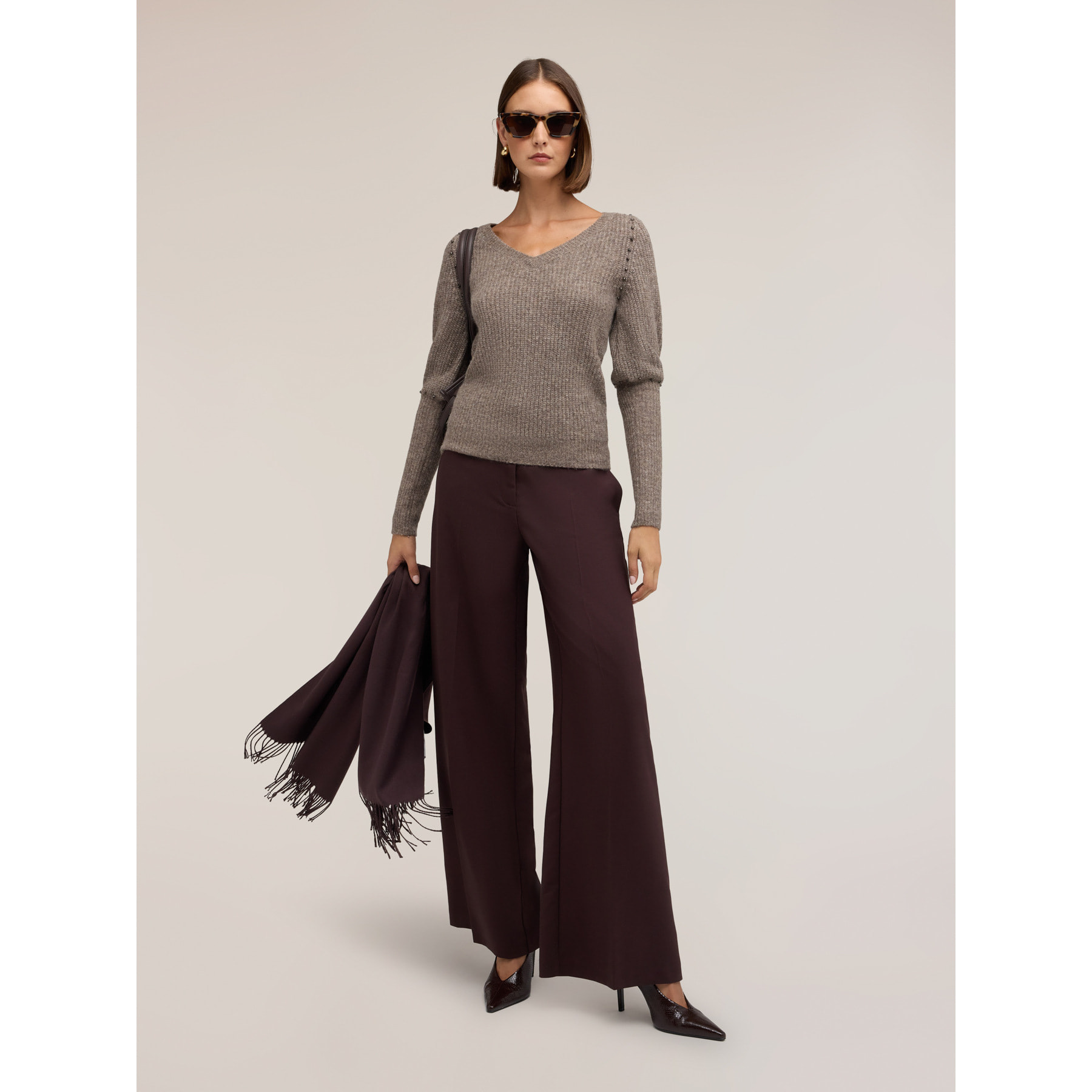 Motivi - Pantaloni palazzo in cady con inserti satin - Marrone