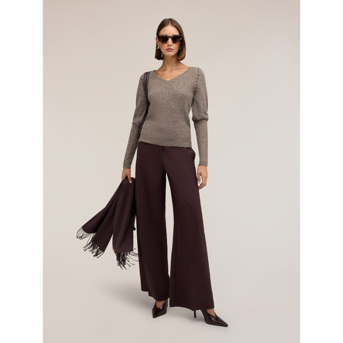 Motivi - Pantaloni palazzo in cady con inserti satin - Marrone