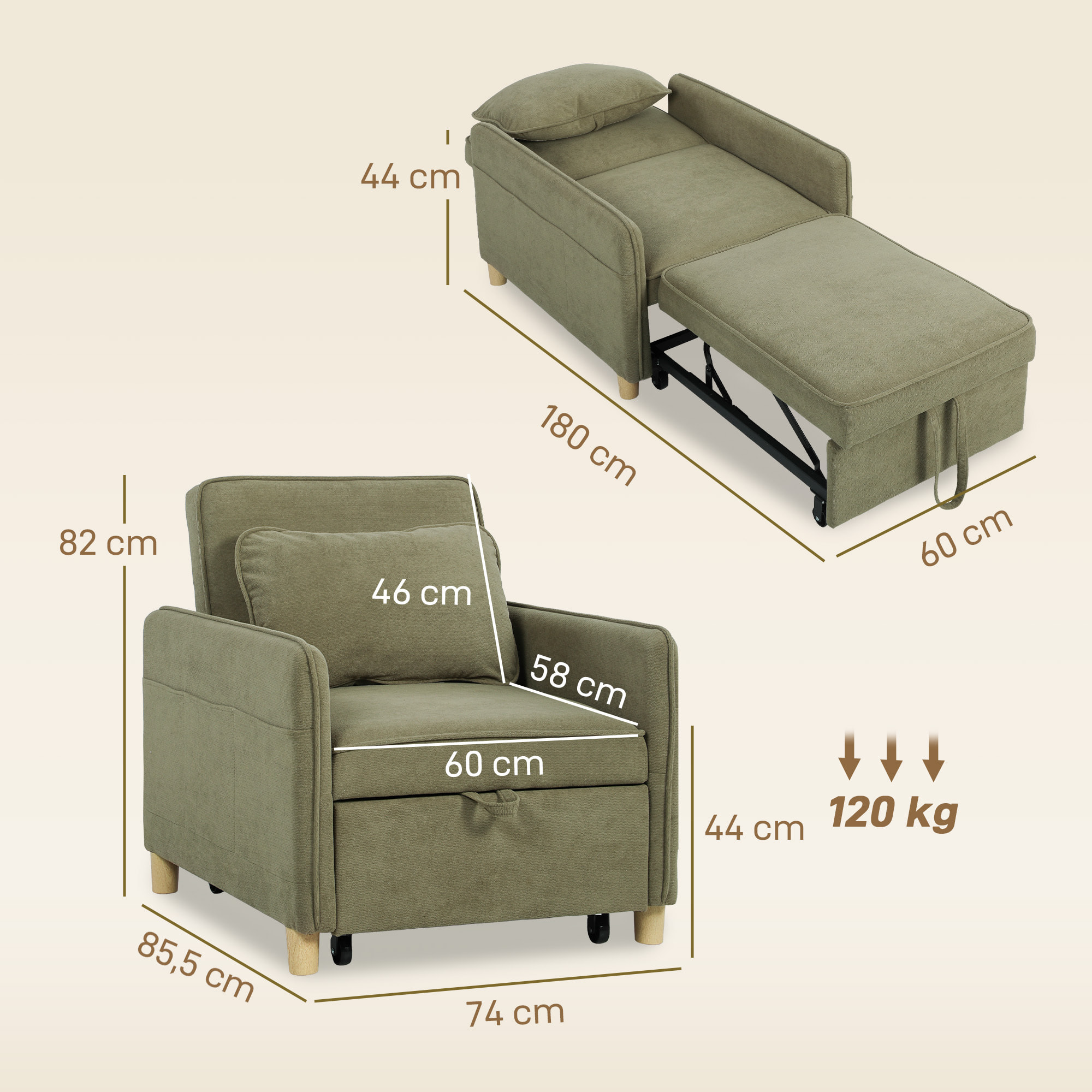 Sofá Cama de 1 Plaza 3 en 1, Sofá Cama Plegable Tapizado en Terciopelo Ecológico con Respaldo Ajustable 3 Niveles, 6 Bolsillos Laterales y Almohada, para Dormitorio, Salón, 74x85,5x82 cm Verde