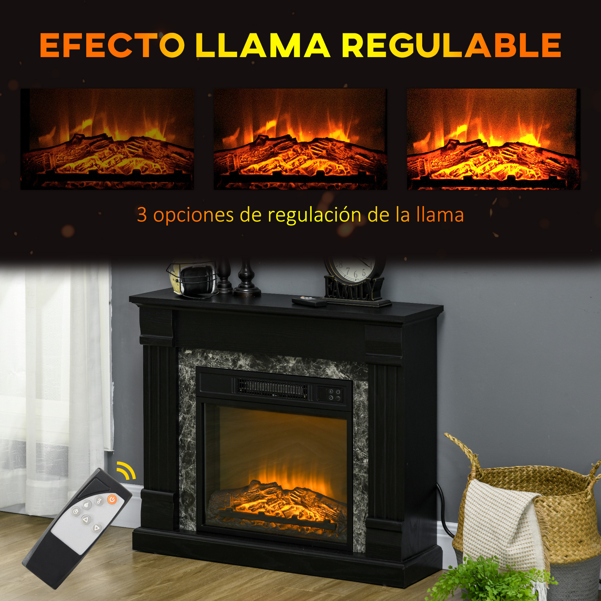 Chimenea Eléctrica 1800W Chimenea Decorativa con Efecto de Llama Mando a Distancia Temporizador Termostato Protección Contra Sobrecalentamiento para Sala 30 m² Negro