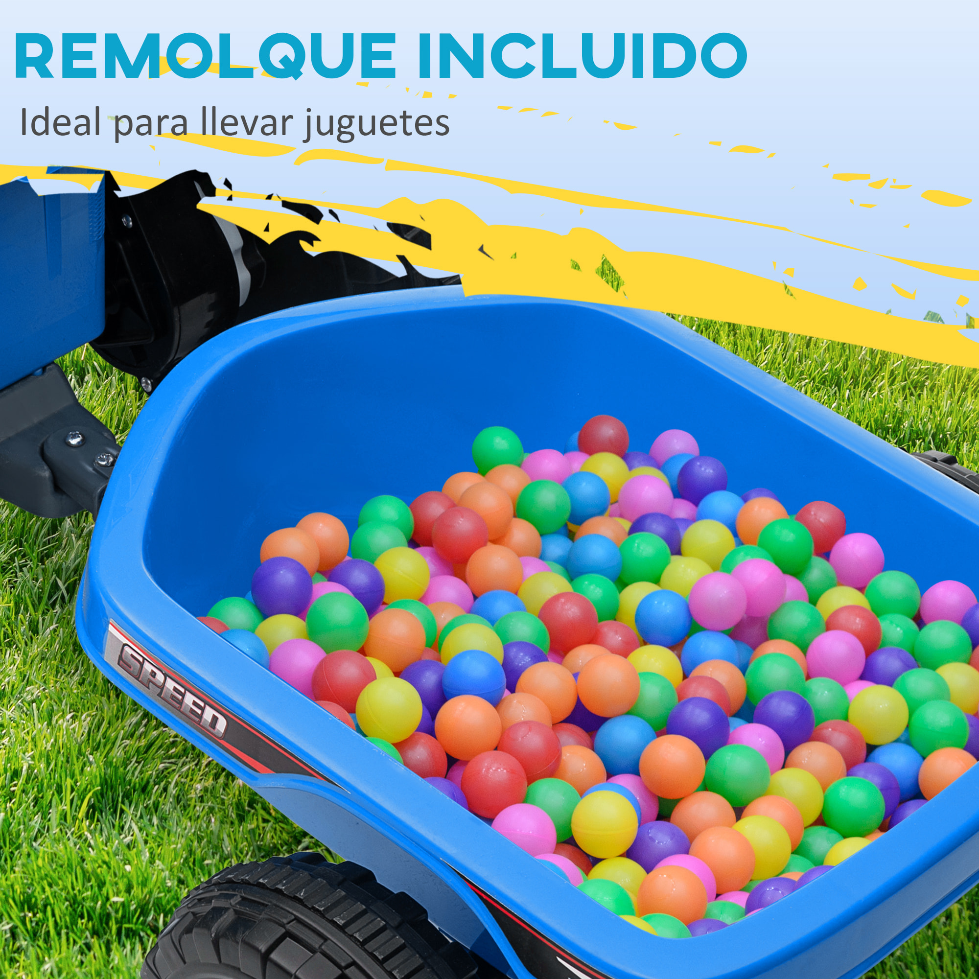 Quad Eléctrico para Niños con Remolque a Batería 6V, Quad para Niños de 18-36 Meses con Velocidad 2,5 km/h, 6 Ruedas y Manillar Antideslizante, 106x41,5x48,5 cm, Azul