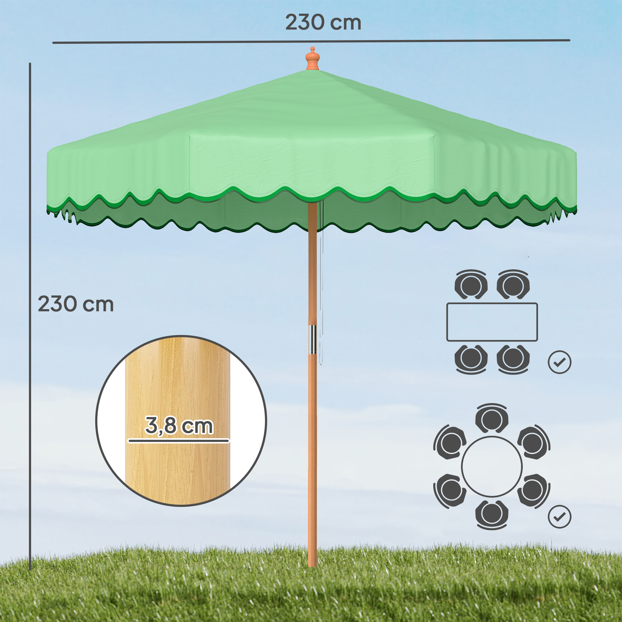 Parasol de jardin - parasol terrasse  rond avec volants rétro chic aspect bois protection UV -230 cm - vert clair