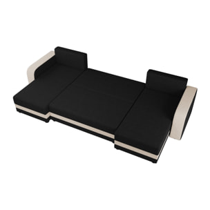 Harvey - Canapé panoramique en U 7 places convertible avec coffre en tissu bicolore - Noir / Beige