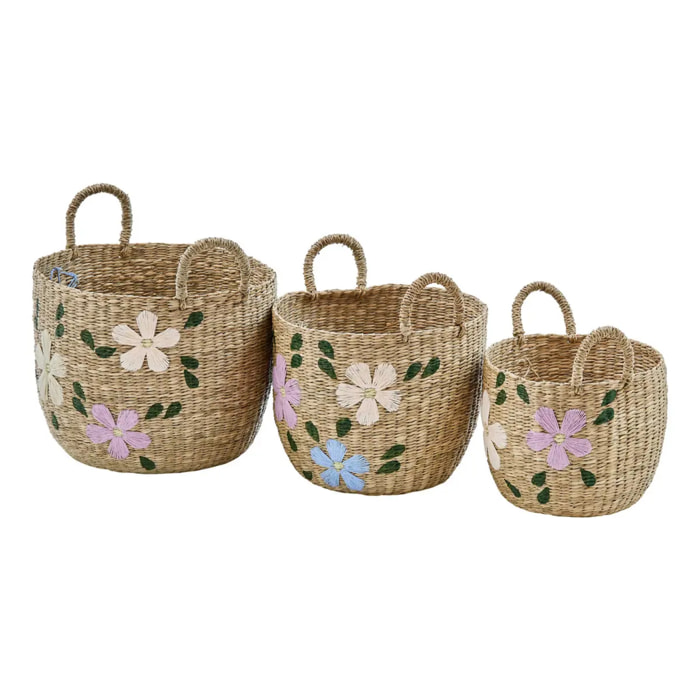 Lot de 3 paniers de rangement Sauv en roseau brodé de fleurs