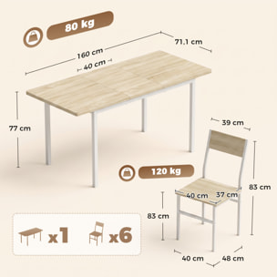 Conjunto de Mesa y 6 Sillas de Comedor de 7 Piezas, Mesa de Cocina Extensible 120-160 cm con 6 Sillas, Ahorro de Espacio, para 4-6 Personas, Marco Metálico, Efecto Roble