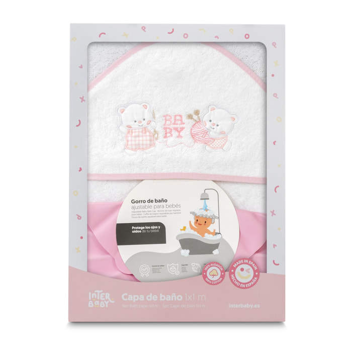 Capa Baño 1X1 Mod Ositos Baby Juguetones + Gorro Bco/Rosa