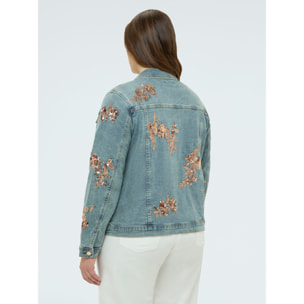 Fiorella Rubino - Chaqueta de denim con bordados florales de lentejuelas - Light - blue