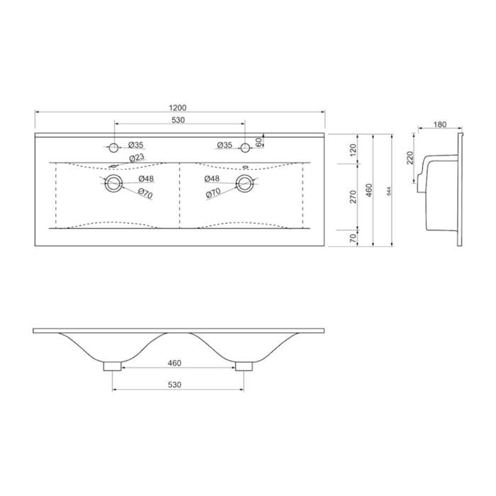 Modena 120x46x18cm lavabo double vasque en céramique, 2 trous pour la robinetterie, avec trop-plein, blanc (M212046)
