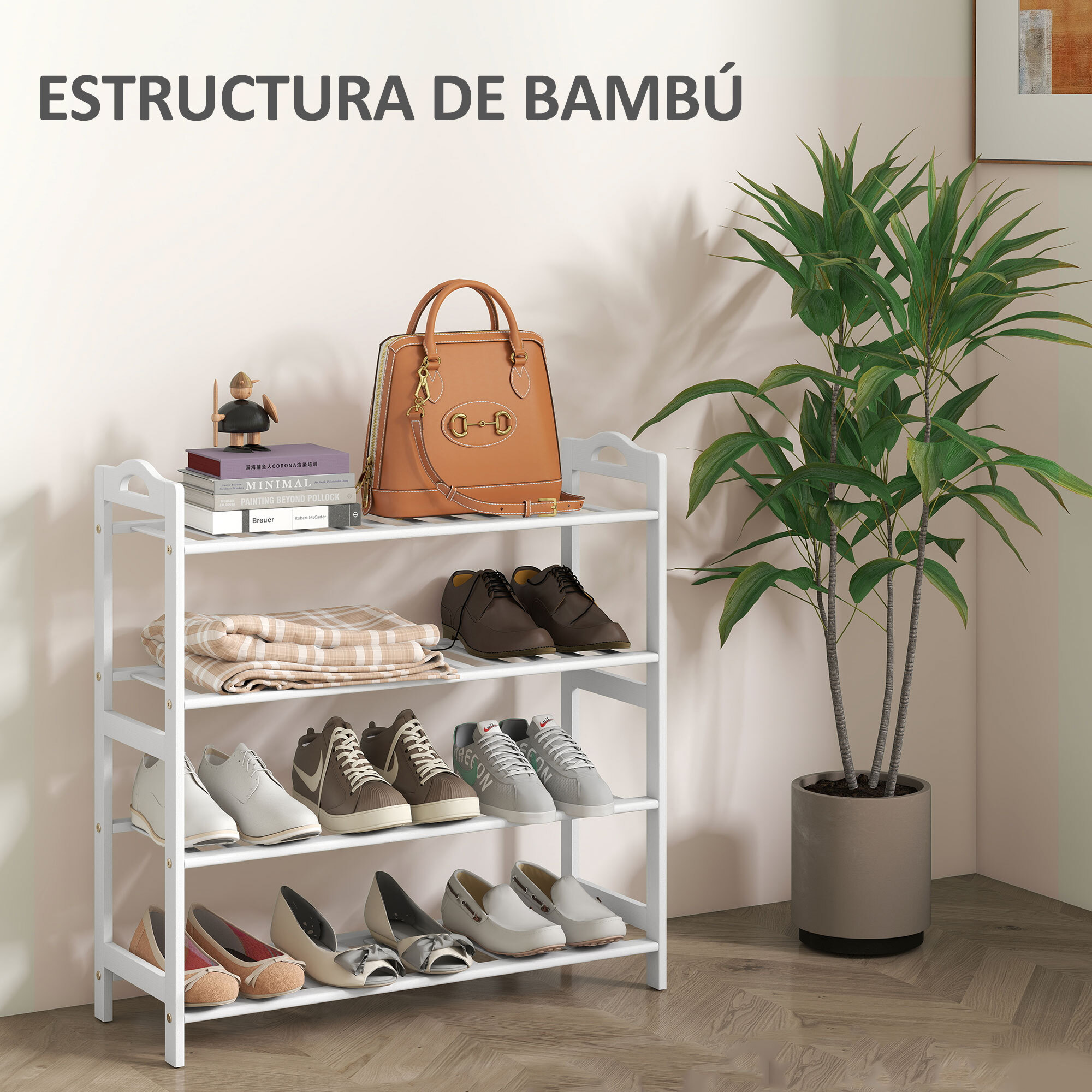 Zapatero de 4 Niveles Estantería para Zapatos de Bambú para 12 Pares de Zapatos para Entrada Pasillo Dormitorio 67,5x24,7x72 cm Blanco