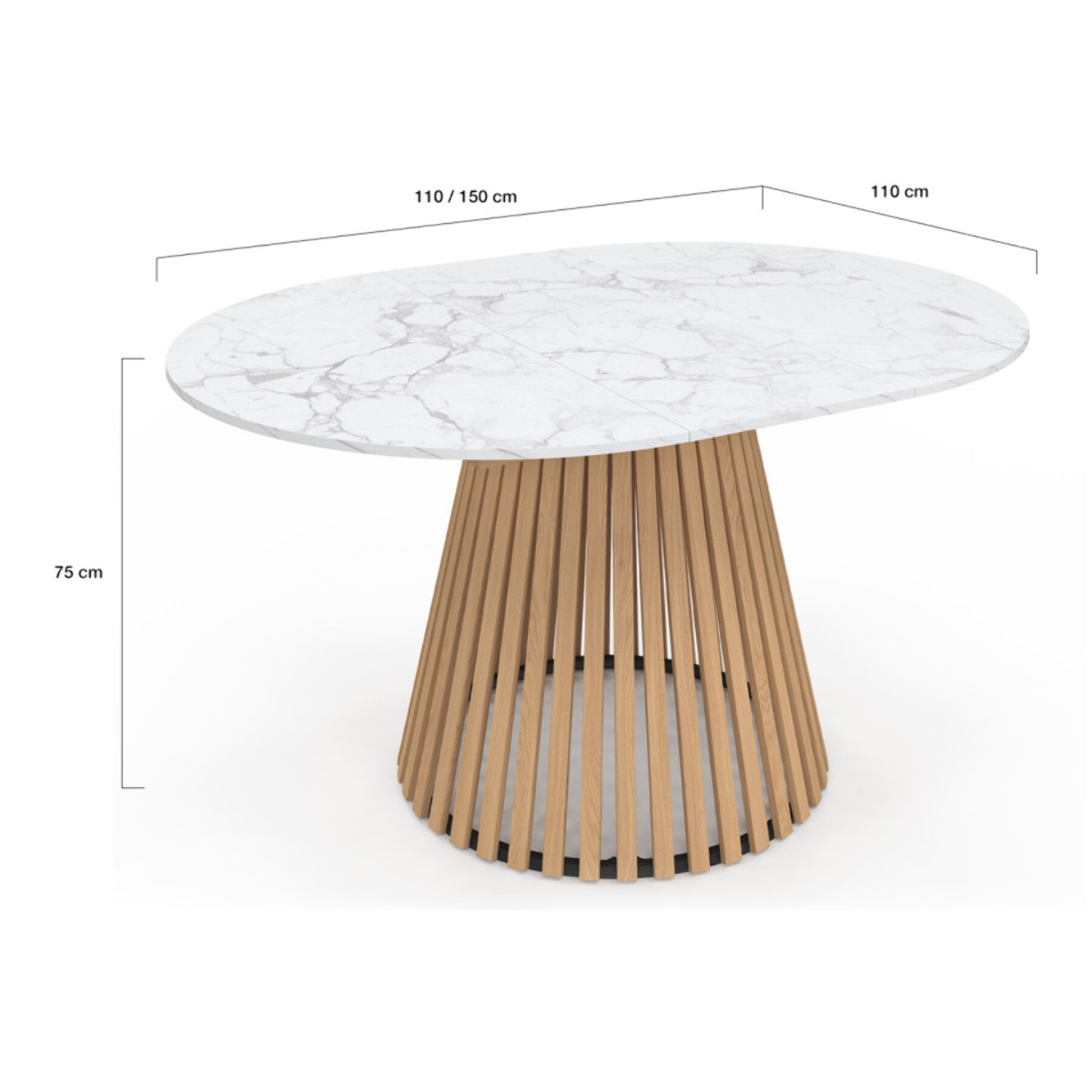 Table à manger ronde extensible Camélia effet marbre blanc et pied lattes Ø110-150cm