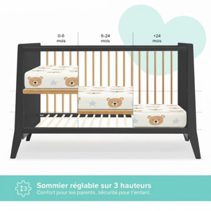 Lit Evolutif Timéo à barreaux 60 x 120 cm, Gris & Bois, En Bois, 3 Hauteurs, Barreaux amovibles