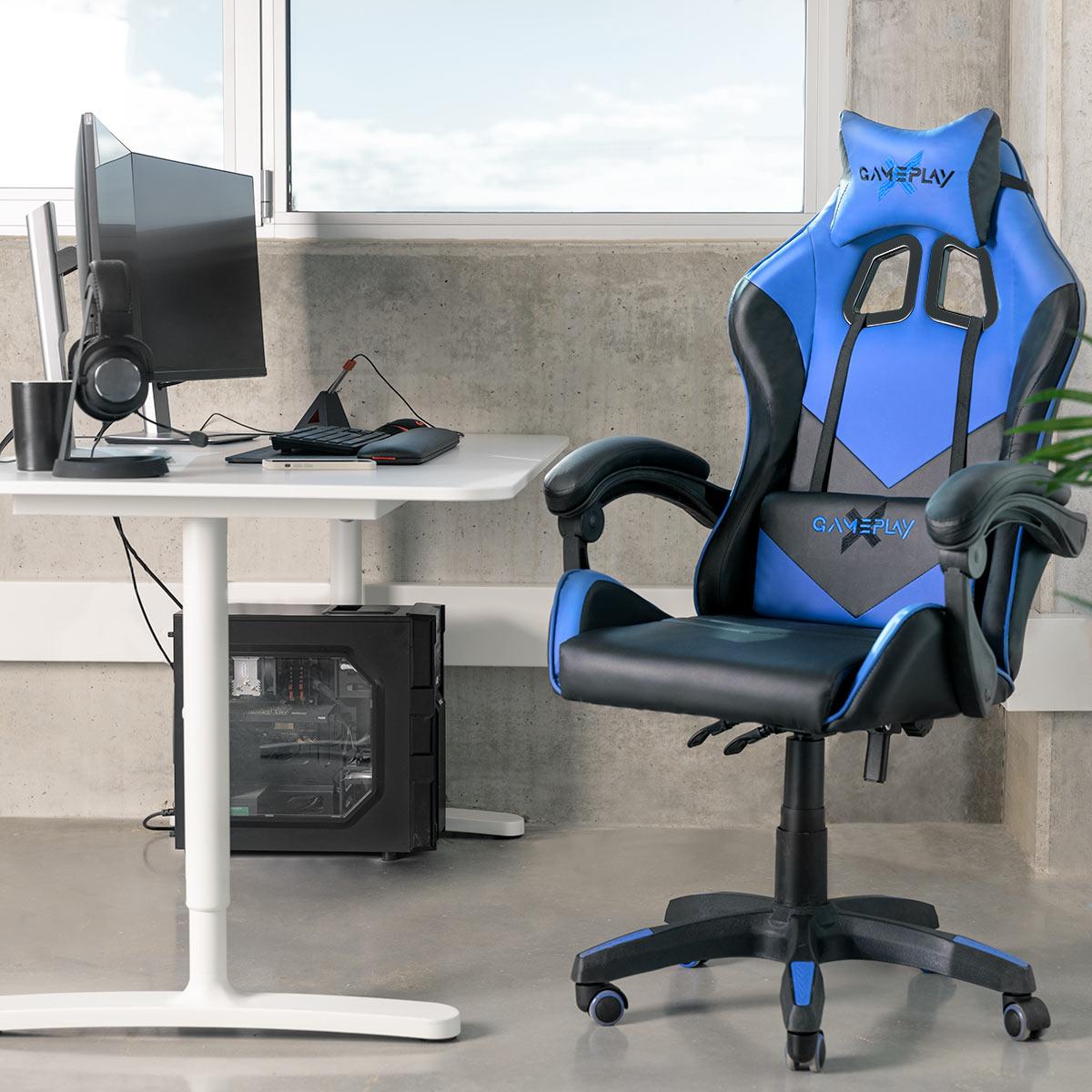 Silla de oficina gaming con reposapiés y reposabrazos acolchados, azul