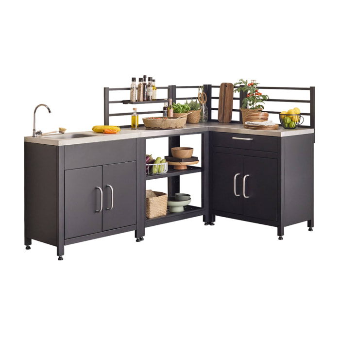 Cuisine extérieure avec 4 modules en acier. meuble avec évier. étagères. tiroirs. rangements