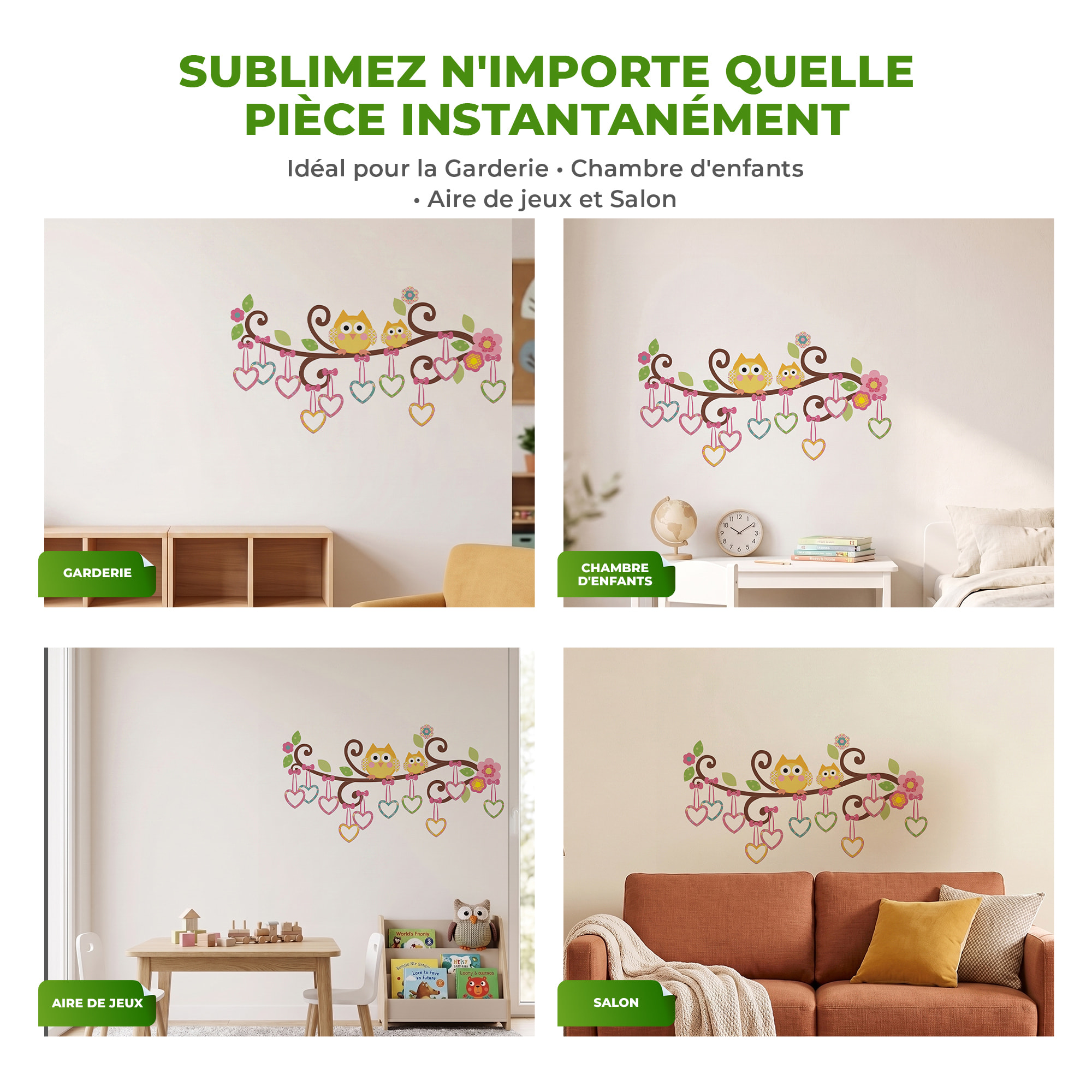 Stickers Muraux décoration adhésifs hiboux et cœurs sur un arbre