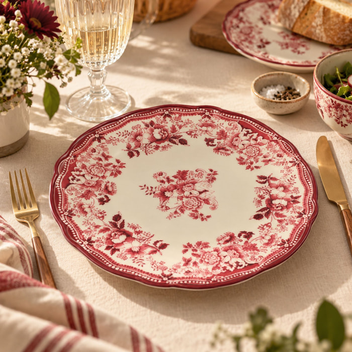 Lot de 6 assiettes plates 26cm fleuries en grès rose  FAUSTINE