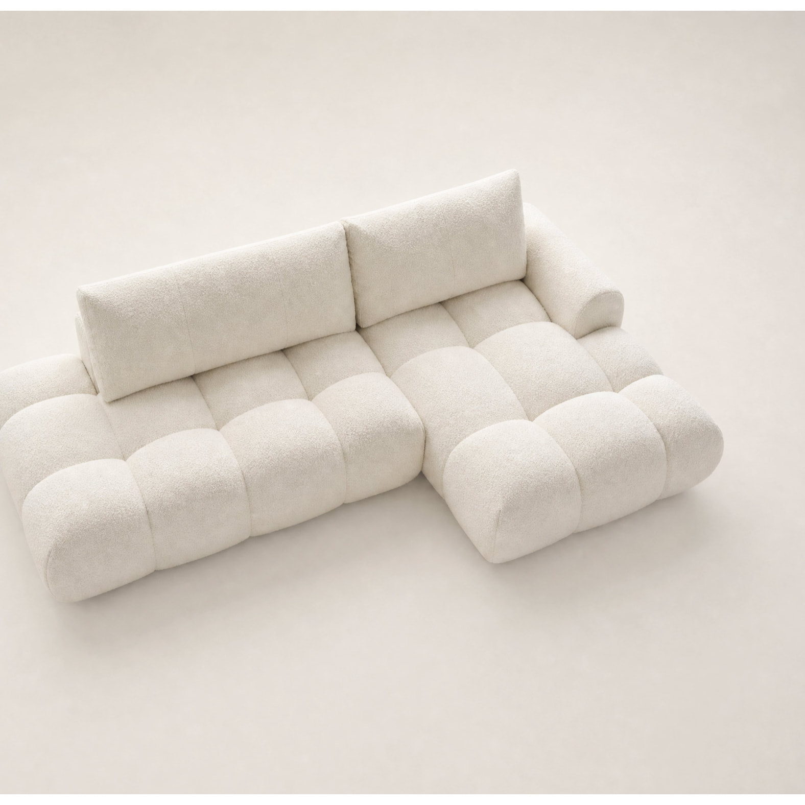 Yulin - Canapé d'angle ouvert droit 4 places convertible avec coffre en tissu bouclette - Beige