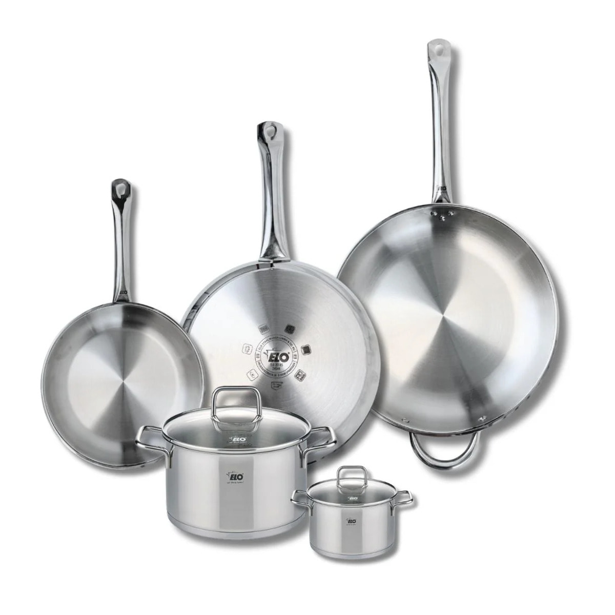 Ensemble de 3 Poêles de cuisson 24, 28 et 32 cm et 2 faitouts 12 et 20 cm Elo Profi Citrin