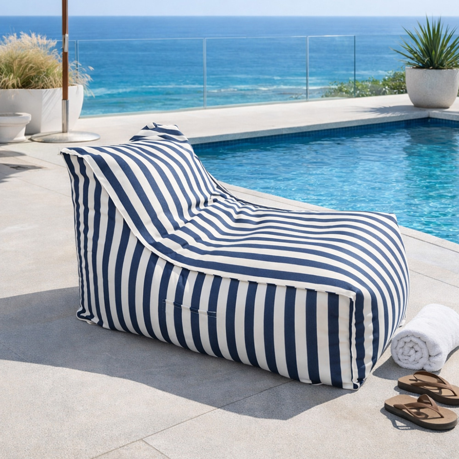 BOLOGNE Pouf d’extérieur rayé bleu déperlant - 100x65x65 cm