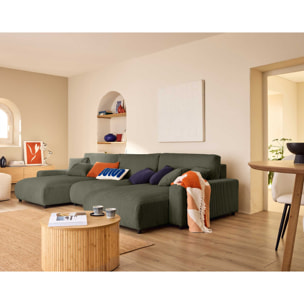 Pivoine - canapé panoramique en U - 7 places - convertible avec coffre - en velours côtelé - Vert