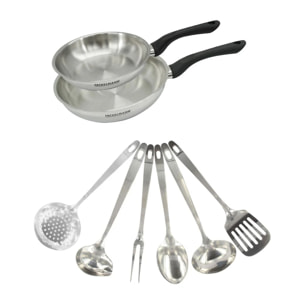 Set 2 poêles 20 et 24 cm en inox et 6 ustensiles inox Fackelmann Geneva