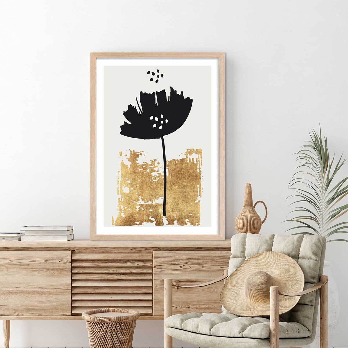 Poster fleur pollen doré Affiche + cadre en bois - Chêne