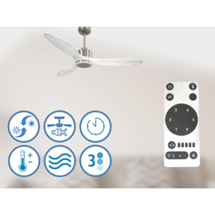Ventilador de techo Modo Invierno/Verano Termostato Dimable Wifi Motor DC Techos Inclinados Mando a Distancia Luz tres tonos Hypersilence Memoria Vendible Shopify (AUTOMATICO) SantoriniD132C03LED65052 PURLINE