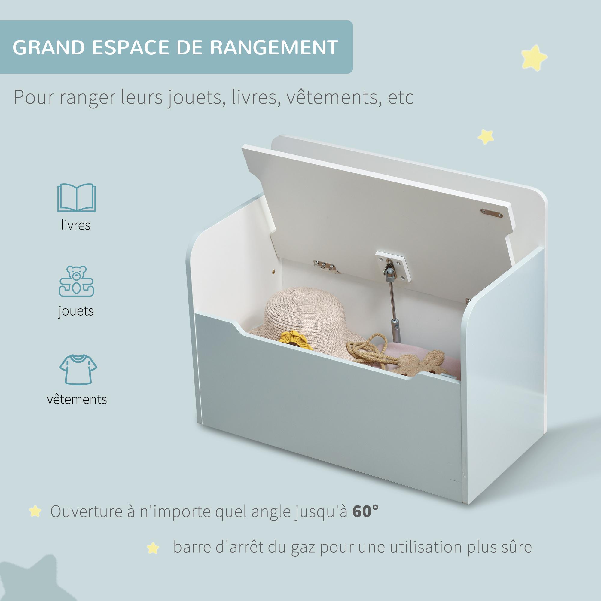 Coffre à jouets banc 2 en 1 - coffre de rangement dim. 60L x 30l x 50H cm - vérin pneumatique MDF bleu clair