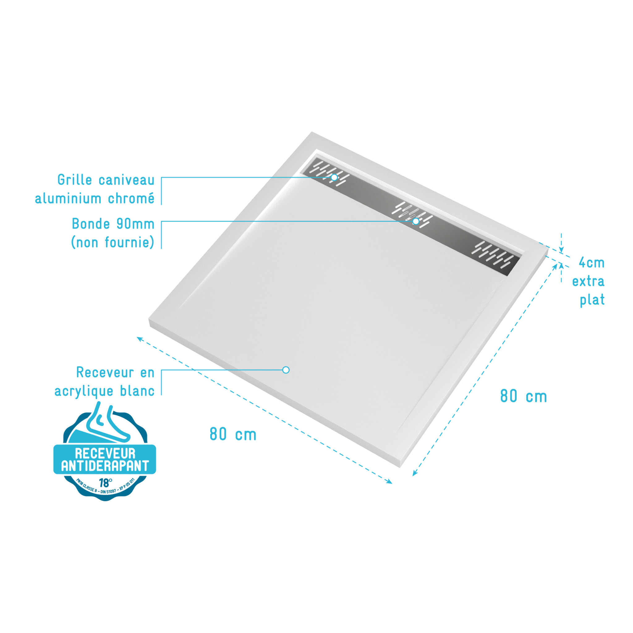 Receveur en acrylique Blanc 80x80x4 cm - Grille Linéaire Chrome - WHITENESS II