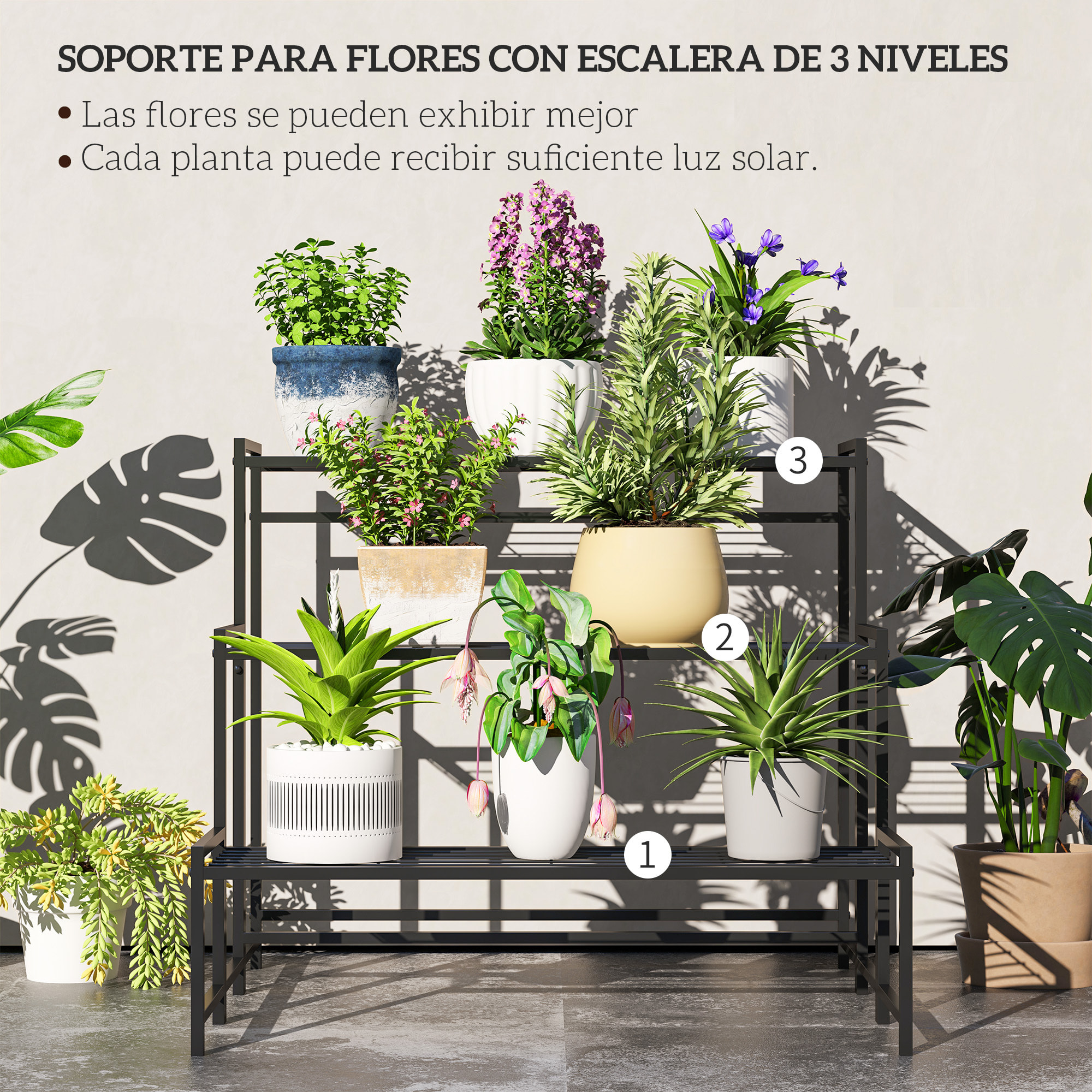 Soporte para Plantas de 3 Niveles Estantería para Plantas para Esquina Diseño en Escalera Soporte para Macetas Interior y Exterior 75x70x66 cm Negro