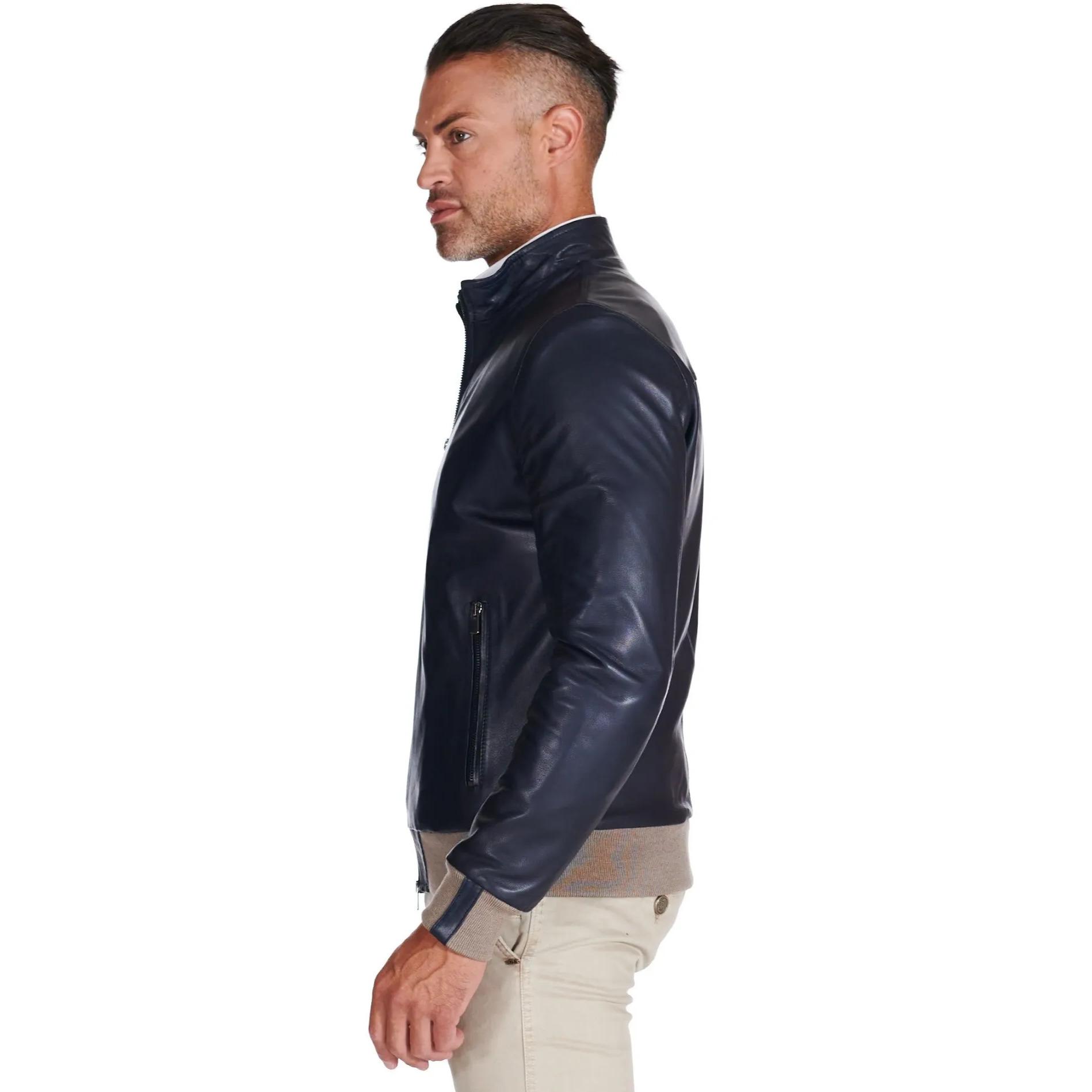 Giubbotto bomber in pelle naturale blu lana a contrasto beige