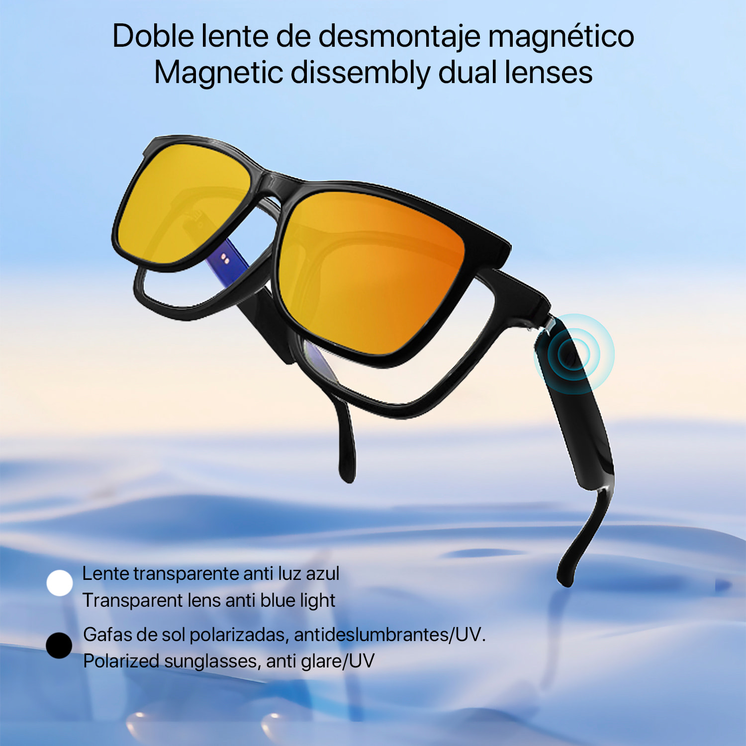 Occhiali intelligenti GS05, chiamata bluetooth, assistente vocale, controllo remoto della fotocamera, occhiali da sole magnetici.