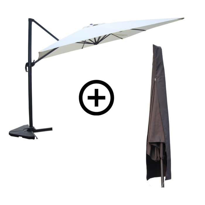 NAVIA Bundle parasol rectangulaire 3x4m déporté rotatif écru en aluminium + housse