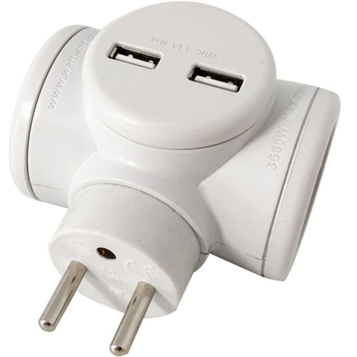 Multiprise WATT AND CO Biplite 2x16A rotative + USB 2.4A Blanc