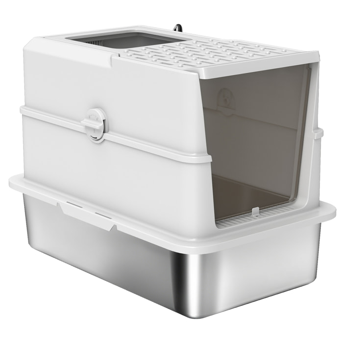 Maison de toilette bac à litière fermé acier inox - pelle, couvercle amovible, porte, anti-fuite - gris clair