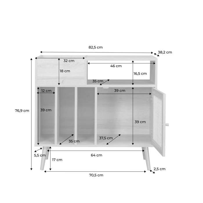 Meuble vinyle décor bois et cannage 1 porte 83cm BOHÈME